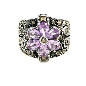 Silver 925 Amethyst/Marcasite Flower Ring